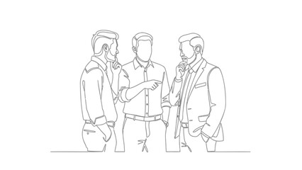 Three businessmen in a meeting or discussion with gestures and engaged expressions