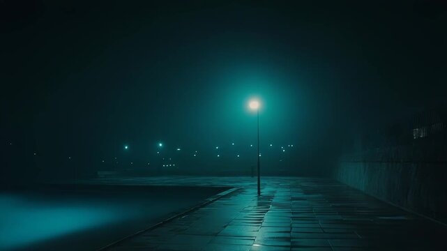 Eerie teal light from a lamp post illuminating a wet pier on a foggy night, water reflecting the ghostly glow, creating an atmospheric scene of mystery and solitude