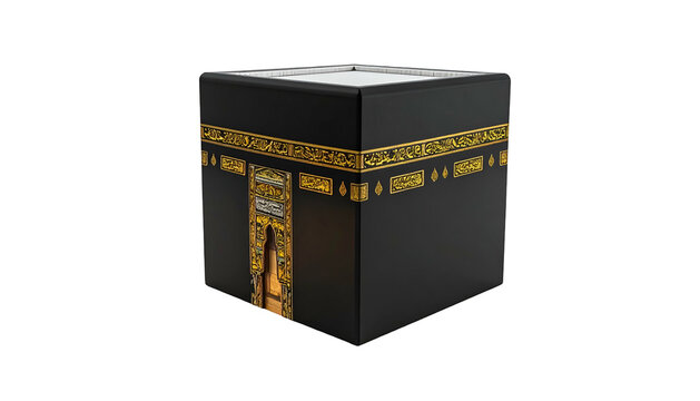 Black cube-shaped structure with gold detailing, door, and a white top, against a black backdrop