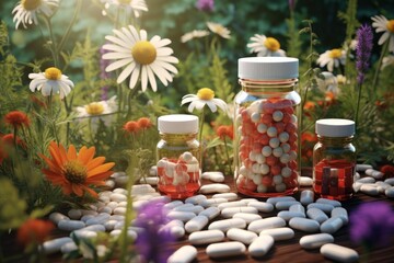 Pills and capsules spilling from bottles on a wooden surface surrounded by wildflowers