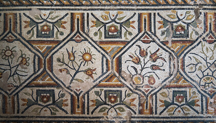 Intricate mosaic with floral and geometric patterns, featuring small houses and animals.