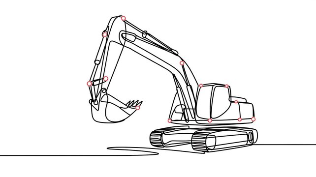  A excavator with glowing lines and dots.Continuous one line drawing on white.