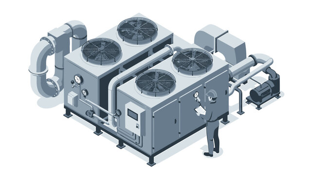 Industrial hvac system with four fans and piping on white background for heating and cooling