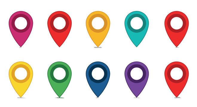 Set of ten colorful map pin icons in various bright shades used for navigation location tracking and destination marking.