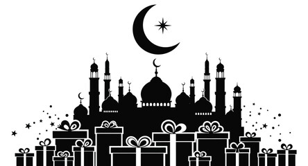 Islamic crescent moon and mosque silhouette with gift boxes and stars