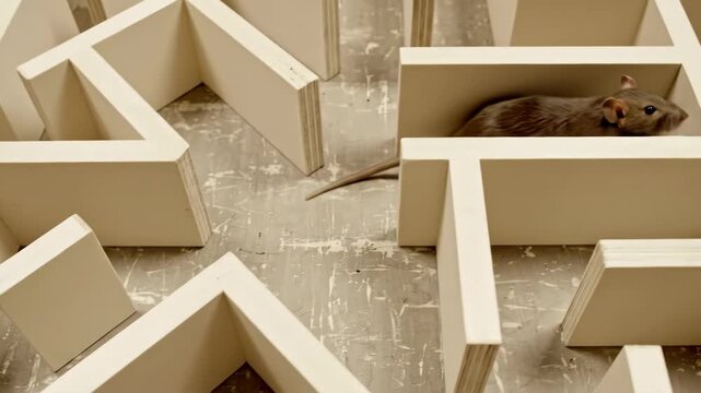 Brown rat enters wooden maze puzzle. Rodent navigates complex labyrinth structure. Animal intelligence experiment concept showing problem solving behavior in lab setting