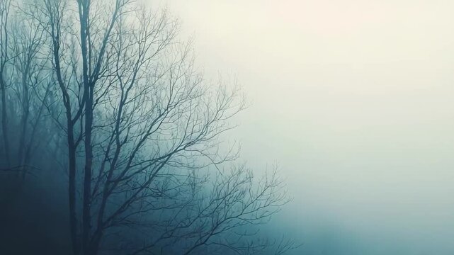 Bare leafless branches silhouette against deep blue forest and swirling white mist, creating a serene yet eerie winter landscape of solitude, silence, and atmospheric mystery