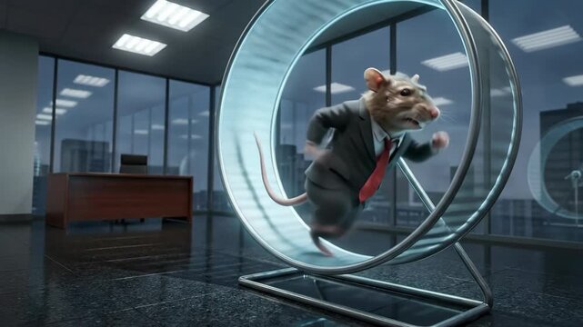 Anthropomorphic rat in suit runs on hamster wheel in office. Businessman rodent symbolizing endless corporate grind and work stress