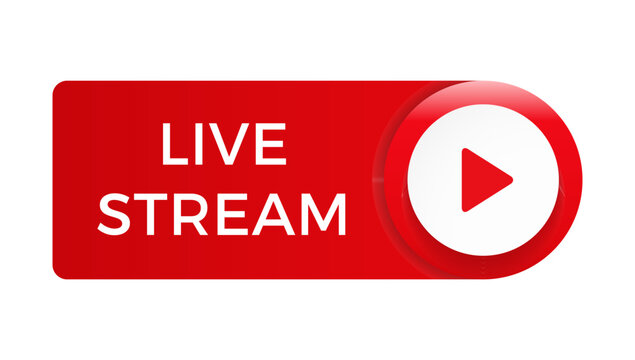 Red live stream banner with play button icon for video broadcasting or streaming