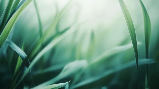 Green grass blades with visible water drops capturing the essence of freshness and natural growth, creating a tranquil backdrop for environmental and organic concepts