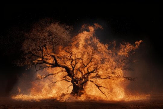 Tree engulfed in vibrant orange flames against a dark background representing ecological crisis