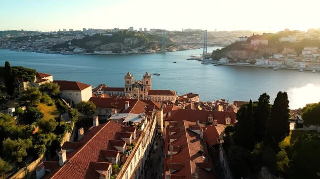 Aerial View of Porto Portugal with Majestic Cathedral and Iconic Dom Lu&Atilde;&shy;s I Bridge at Sunrise