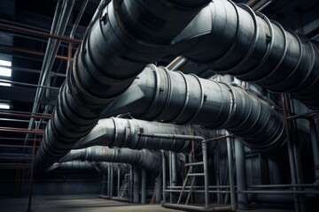 Industrial interior featuring a network of metal pipes, ducts, and machinery, creating a dark, technical atmosphere