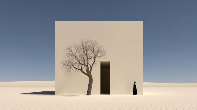 Timeless minimal surreal scene with strong visual metaphor, copy space