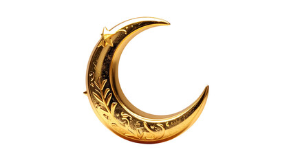 Gleaming golden crescent moon with intricate etched details and a dark, blank backdrop