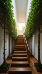 Obraz premium Modern interior staircase lined with greenery and trees leading to a brightly lit doorway