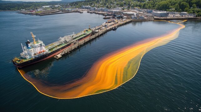 Large oil spill containment booms deployed in a busy harbor alongside a docked ship to control pollution