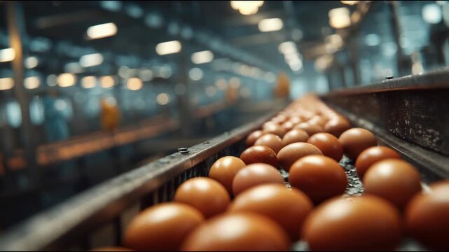 Brown eggs on a conveyor belt in a poultry farm. The setting is industrial with blurred background lights. Focus on the eggs in a production line.
