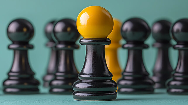 Unique Yellow Chess Pawn Among Black Pawns Symbolizing Leadership and Individuality