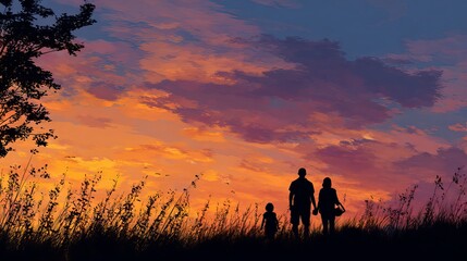 Fototapeta premium Happy family walking together silhouetted against sunset, warm orange sky, hillside meadow at dusk