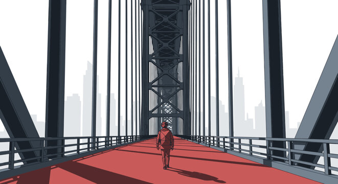 Stylized digital illustration of a solitary figure walking on a vivid red pathway through a large steel bridge structure. The bridge features geometric vertical and diagonal beams, creating strong per
