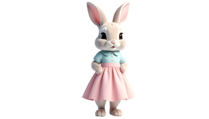 Obraz premium Adorable rabbit dressed in a light blue shirt, pink dress, & standing against black
