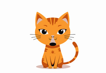 Obraz premium Playful cartoon orange tabby cat sitting with a mischievous expression and a playful party horn in its mouth against a clean white background