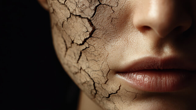 Close up portrait of a woman with severely dry cracked skin texture showing dehydration and skin damage