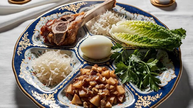 Traditional Passover Seder plate assembly. Symbolic Jewish foods like shank bone, hard-boiled egg, bitter greens, and apple nut mixture arranged on blue dish for holiday ritual observance