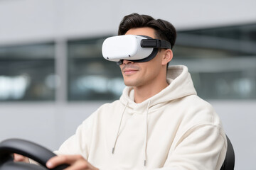 Man smiles, immersed in virtual simulation, experiencing thrilling technology