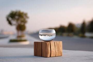Here metadata following all provided guidelines Vase sits atop wood base, reflecting tranquility