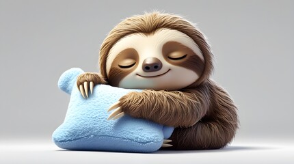 Obraz premium Adorable 3D cartoon sloth with soft brown fur peacefully hugging a cozy blue pillow, eyes closed, dreaming sweetly against a simple grey background, evoking comfort and cuteness.