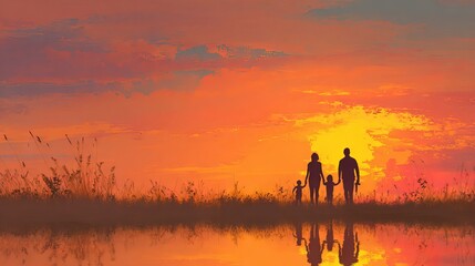 Fototapeta premium Happy family with mother, father, son and daughter at sunset, warm golden light, outdoor silhouette portrait