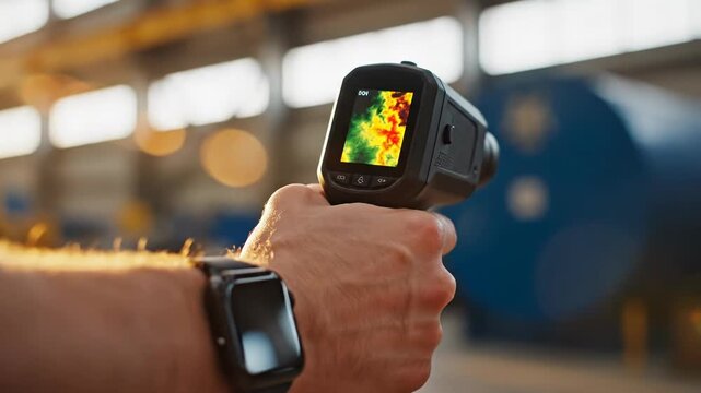 Person using a thermal imaging camera in an industrial setting with a watch on their wrist and a blurred background