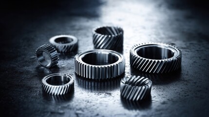 Gleaming Precision Machined Metal Gears on a Textured Industrial Surface