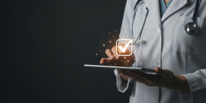 Professional doctor health care assessment with checklist medicine review patient treatment medicals technology stethoscope record document management report electronic online tablet research