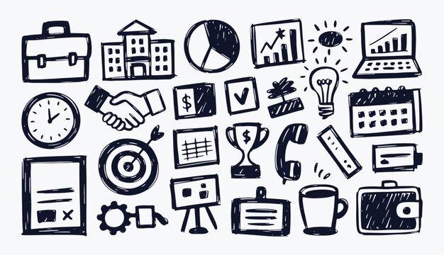 Business and office hand drawn doodle icon set with professional symbols like briefcase clock and handshake