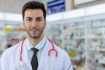 Portrait of confident male healthcare professional in lab coat with stethoscope. Medical expert...
