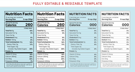 Nutrition facts label templates. Editable vector design. FDA standard nutrition label template for food packaging.