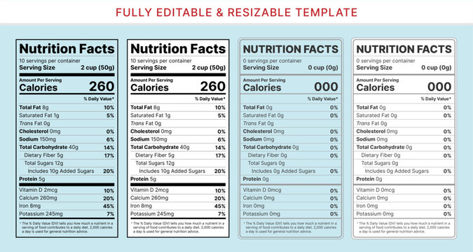Nutrition facts label templates. Editable vector design. FDA standard nutrition label template for food packaging.