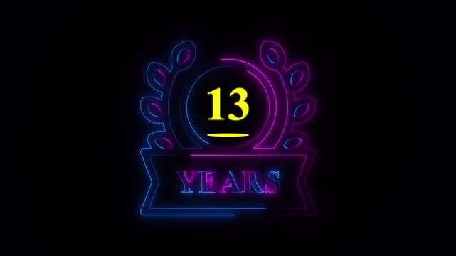 13th anniversary celebration thirteen years glowing neon sign on black background