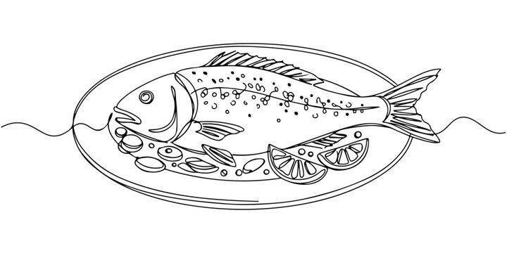 Continuous one line of a fish on a plate with garnish, symbolizing seafood cuisine, drawn vector illustration.