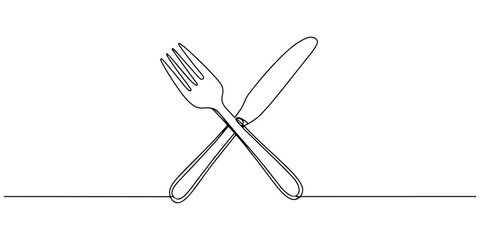 Continuous one line of a fork and knife crossed, symbolizing dining and food culture, drawn vector illustration. © Haus