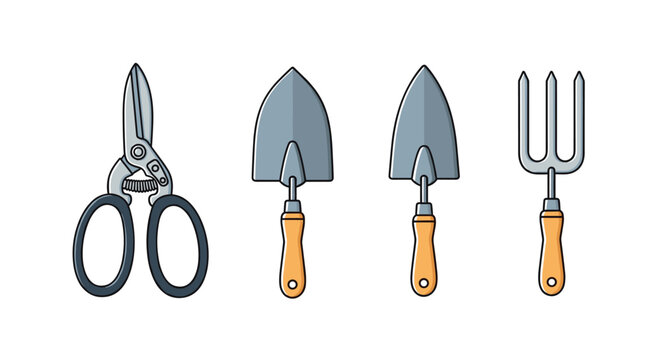 Gardening hand tools set with pruners trowels and fork vector