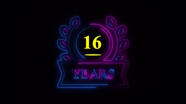 16th anniversary celebration sixteen years glowing neon sign on black background