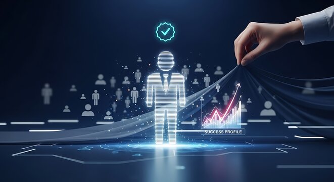 Manager selects an illuminated digital human profile from a crowd showcasing talent acquisition and human resources.