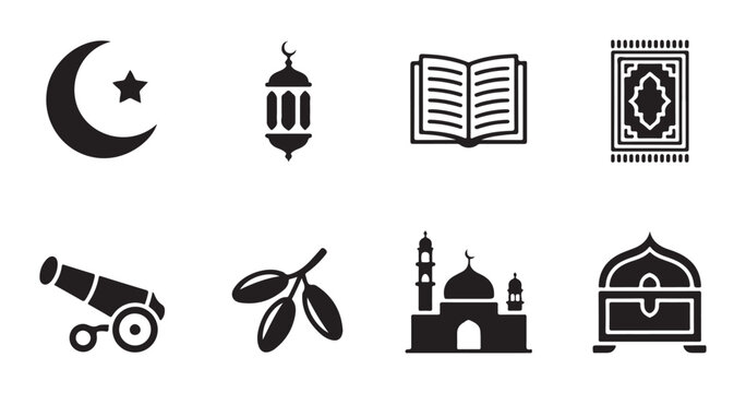 Islamic cultural symbols set crescent moon star lantern prayer rug mosque cannon illustration