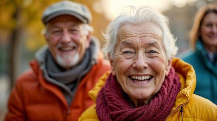 close-up portrait of joyful elderly people laughing outdoors
