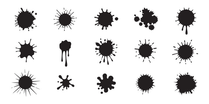 Ink splash blobs set with paint splatters ink blots and artistic liquid spray shapes isolated on white background
