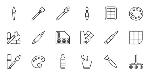 Assortment of art supplies featuring paint brushes color palettes pens pencils and art equipment for creative work